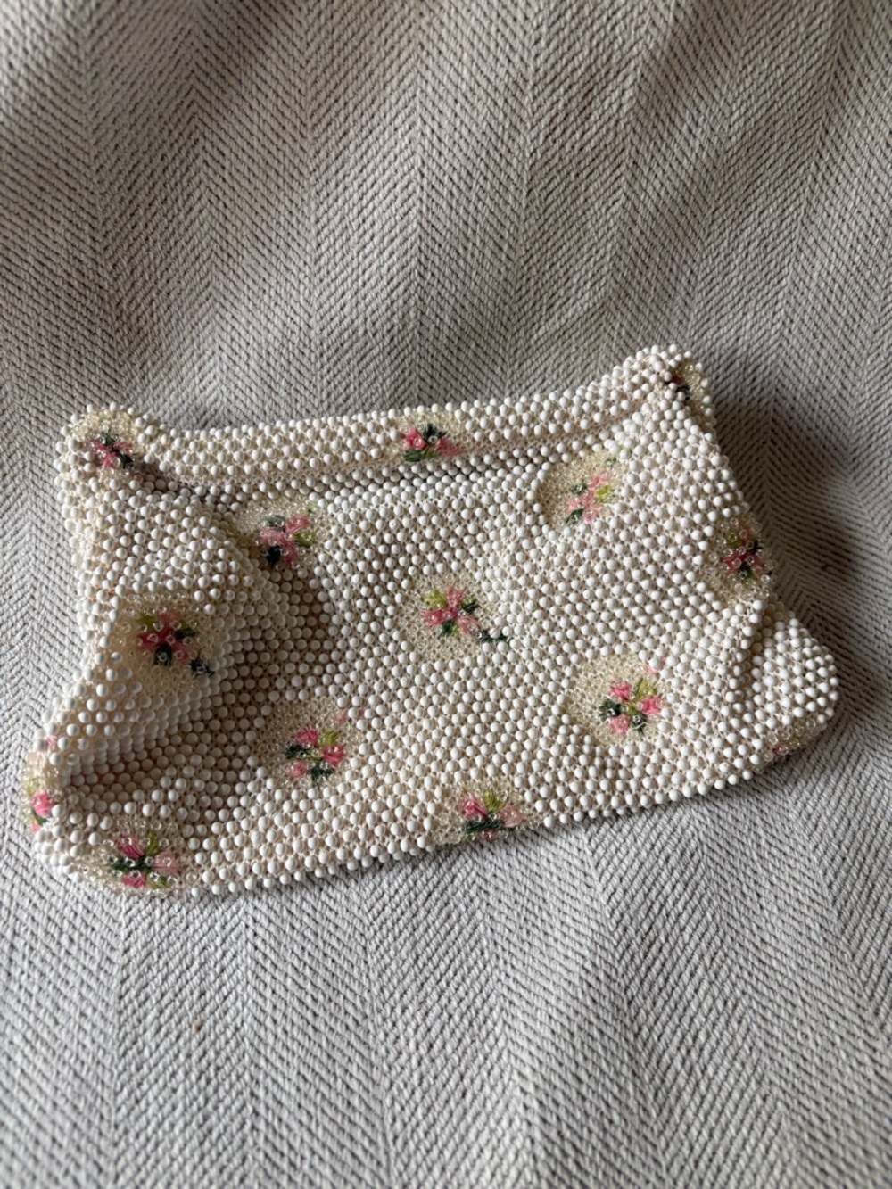 Beaded Floral Ivory Clutch with Pink Accents
